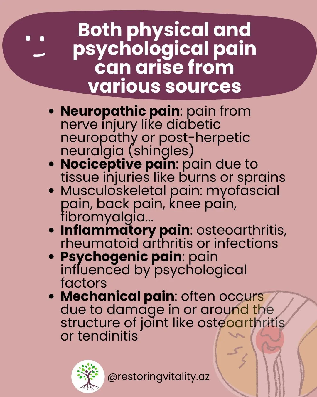 Both physical and psychological can arise from various sources. 
- 🧠Neuropathic pain
- 🦶Nociceptive pain
- 💪🏽💪🏻Musculoskeletal pain
- 🔥Inflammatory pain
- 🧠Psychogenic pain
- 🦵Mechanical pain
To learn more about natural PAIN relief, come an