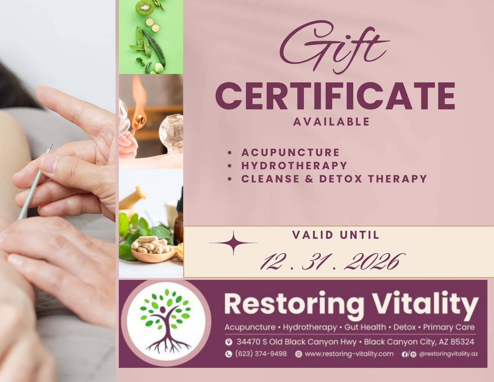 Holiday Gift Cards Available at the Restoring Vitality Clinic 🏥

🎄This holiday season, give a gift that truly supports well-being. Restoring Vitality clinic gift cards are a thoughtful way to help loved ones relieve stress, manage pain, and restore