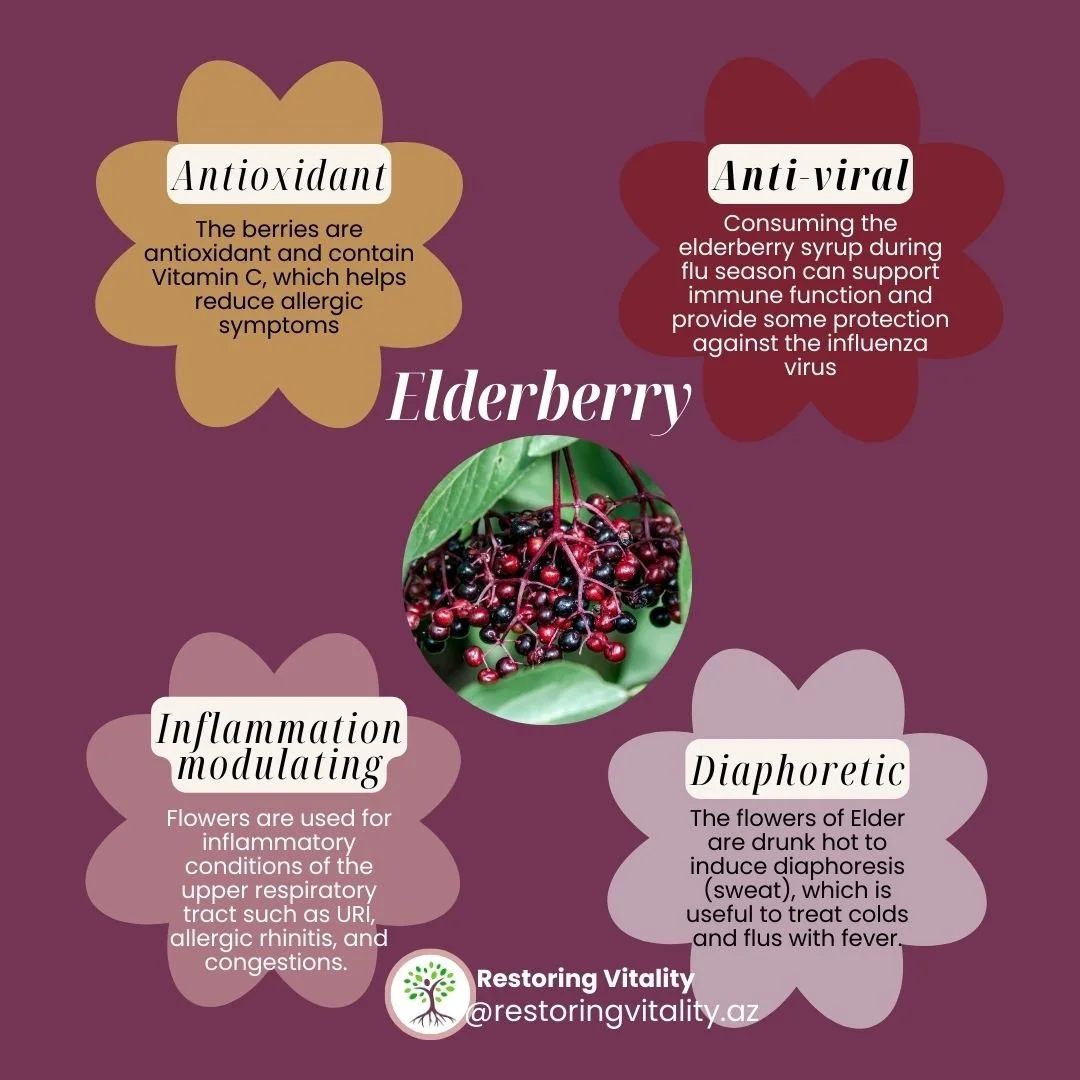 Elderberry:
🍇Antioxidant: Vitamin C that helps reduce allergic symptoms
🦠😷anti-viral: Elderberry syrup is tasty and easy to consume during cold and flu. 
🔥Inflammation modulating: the flowers of Elderberry are known to help with any inflammation-