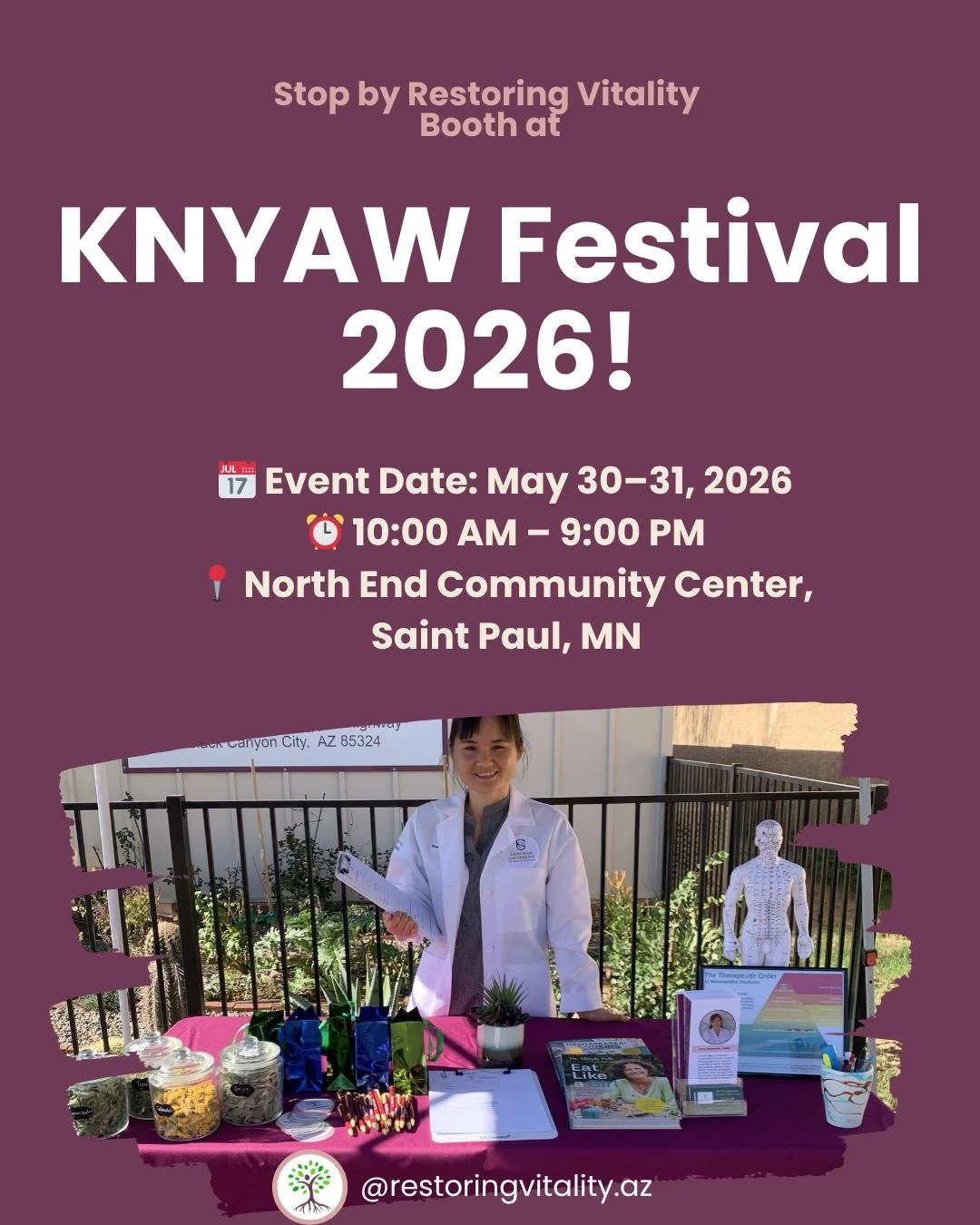 Exciting new!!! 
-
Restoring Vitality (Dr. PawKamwee) will have a booth at the Knyaw Festival 
-
🗓 May 30-31 from 10 AM - 9:00 PM 
📍North End Community Center, Saint Paul, MN