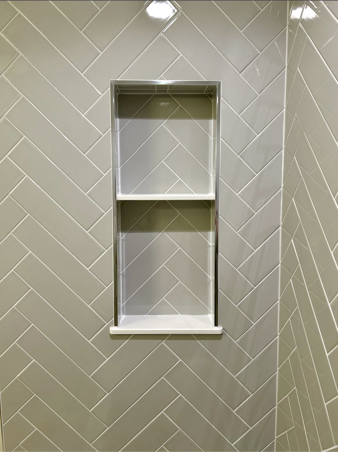 Custom Shower Niche with Herringbone Tile | Durham, NC