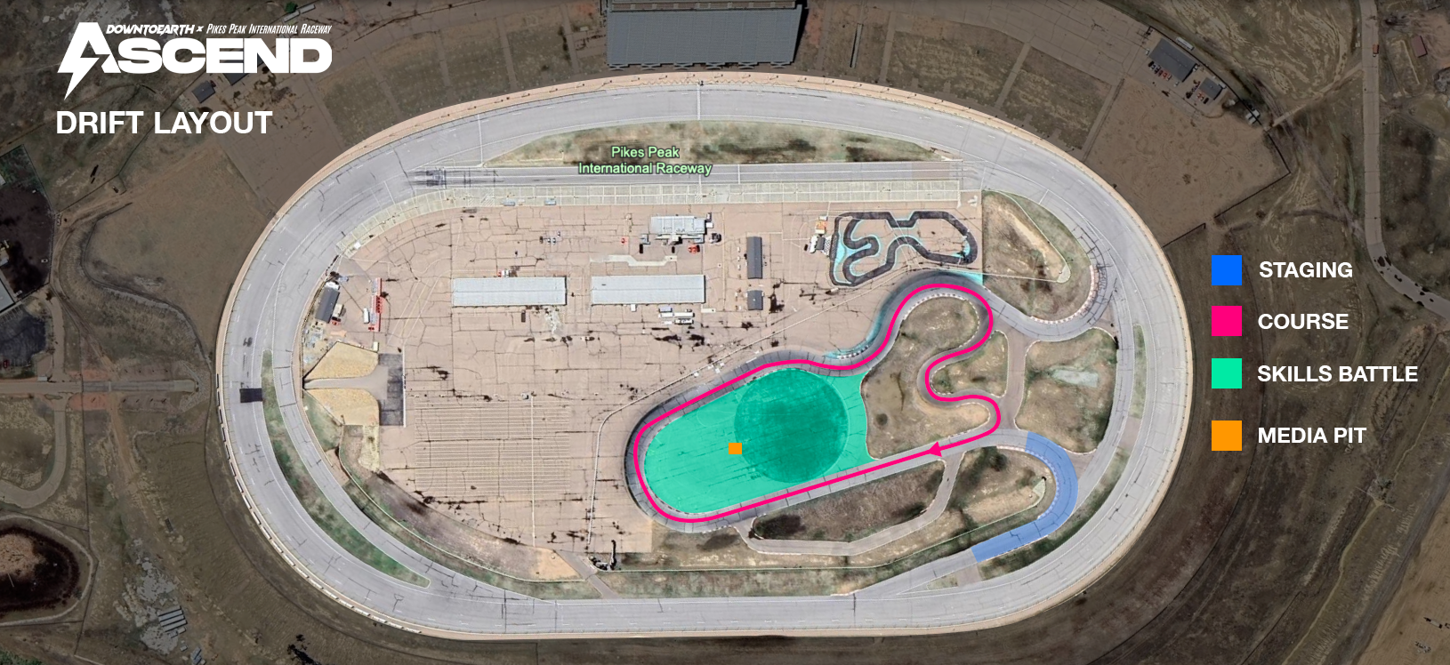 Map of Down To Earth Days Ascend showing the drift layout with color-coded sections: blue for staging area, pink for course, green for skills battle, and orange for media pit.