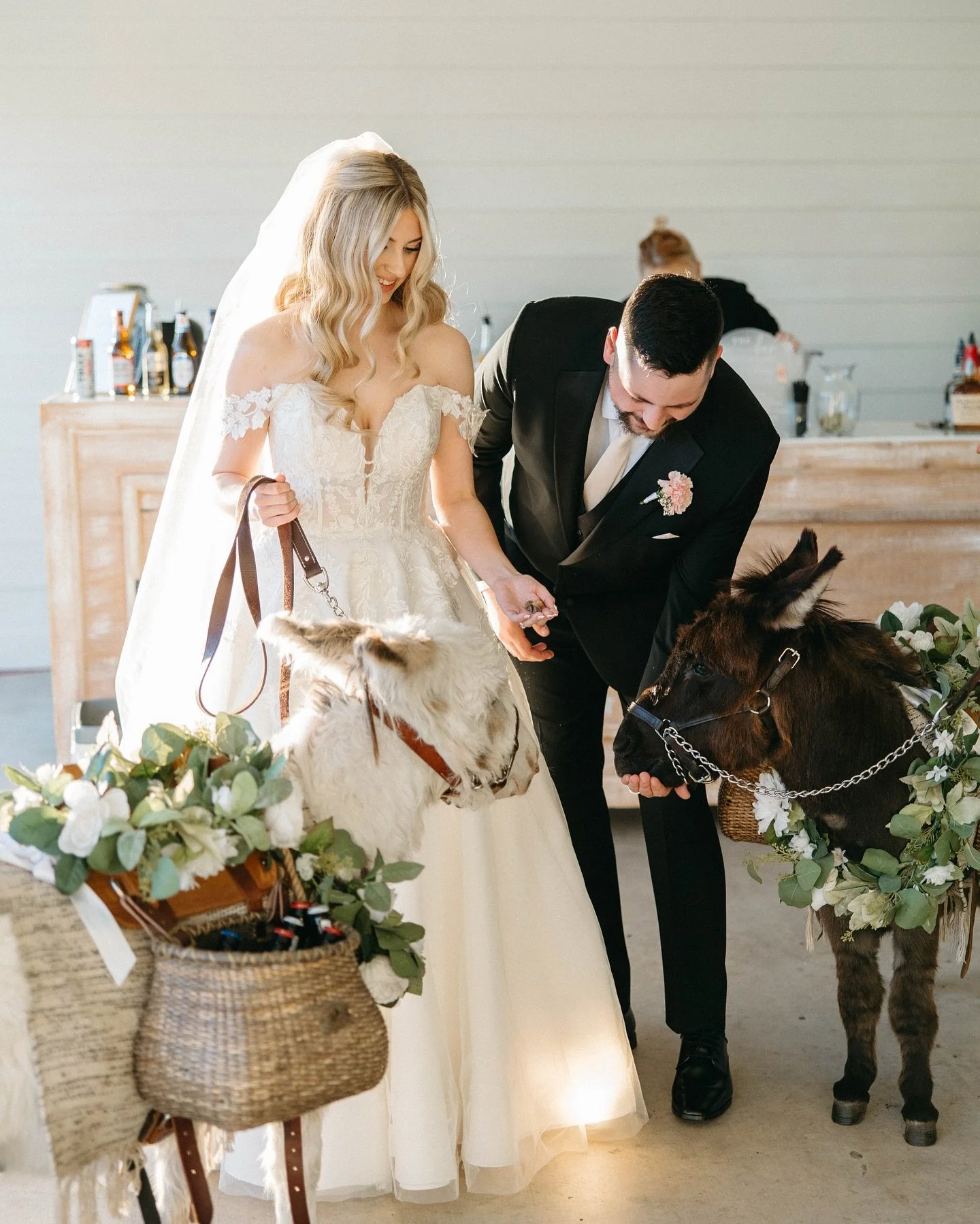 Best things about cocktail hour? Alcohol and cute animals 🤩😝 

@hatsoffeventsco 
@jordanvaughn.co 
@bigcityfarm 
@thecinnamonbarntx