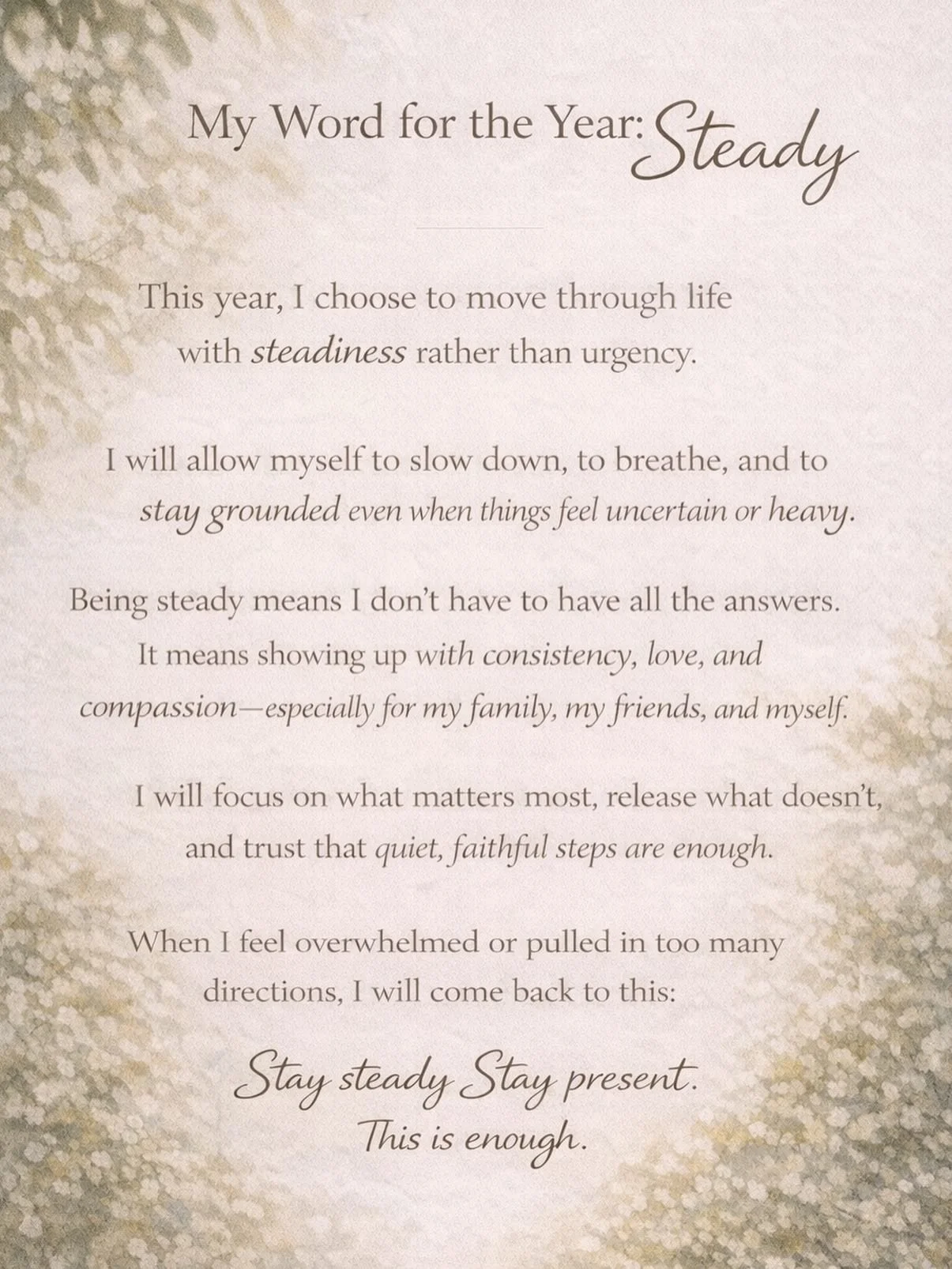 Day 8&ndash; A night of sleep is always the best answer.
A new day. A fresh perspective.
I was reminded of my Word for the Year&mdash; Steady. 
Going to stay steady in our efforts to take care of our home.
Steady for our family and remaining optimist