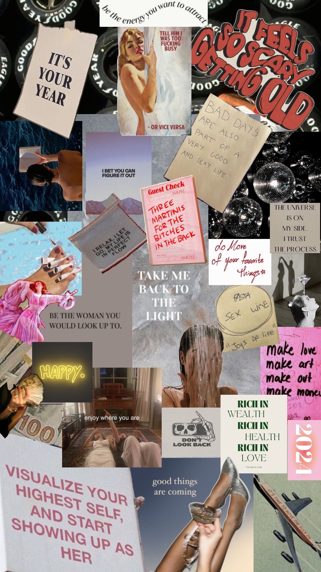 A collage of motivational quotes and images, including a woman in water, a woman relaxing, a person lying on a bed, an airplane, a stack of money, and various handwritten notes and graphics about life, wealth, love, confidence, and happiness.