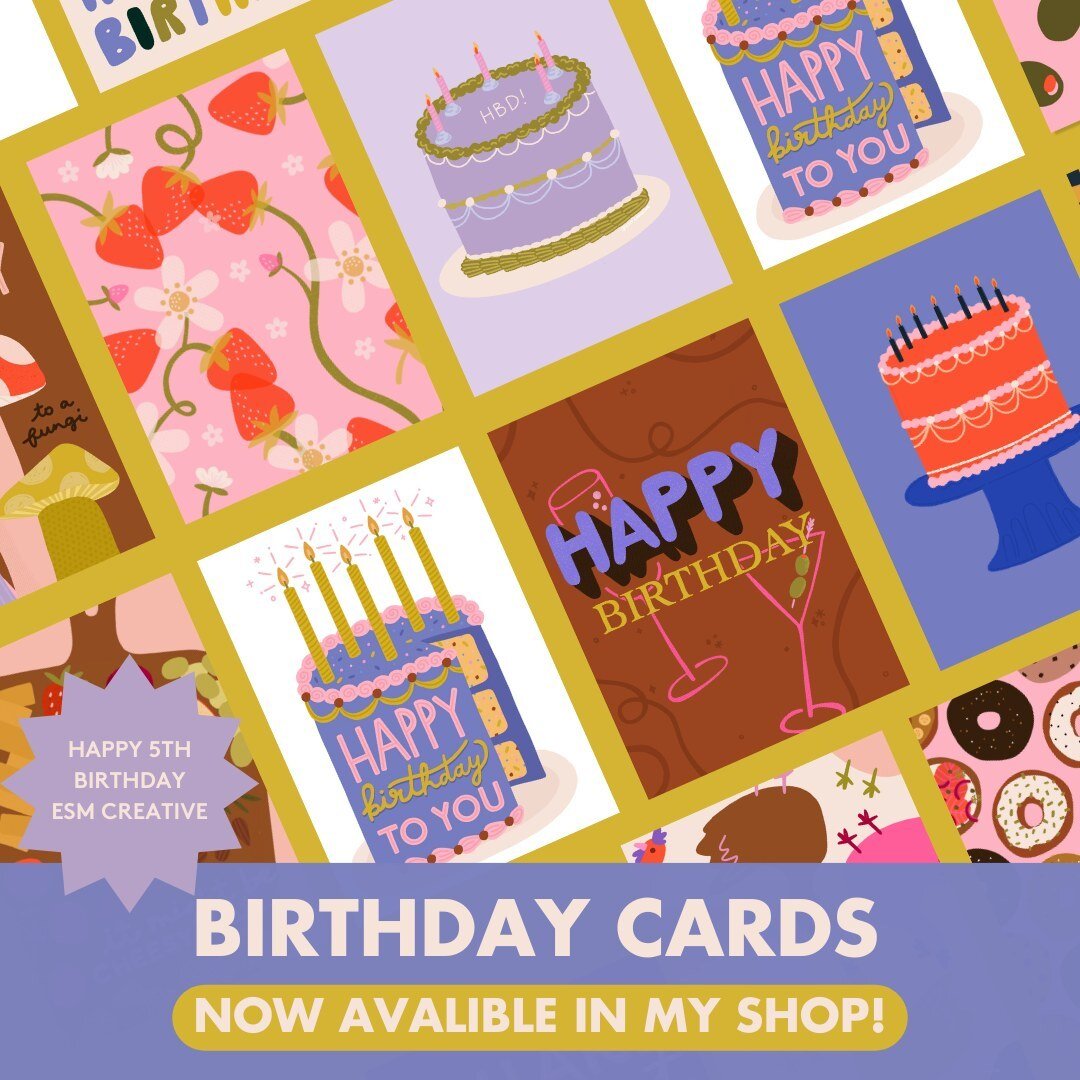 A reminder that the Birthday Card Collection is live!! 💌⁠
⁠
In honor of ESM Creative + my birthday this month, I decided to launch a new set of cards! Shop small and send someone some birthday love with this collection with a little something for ev