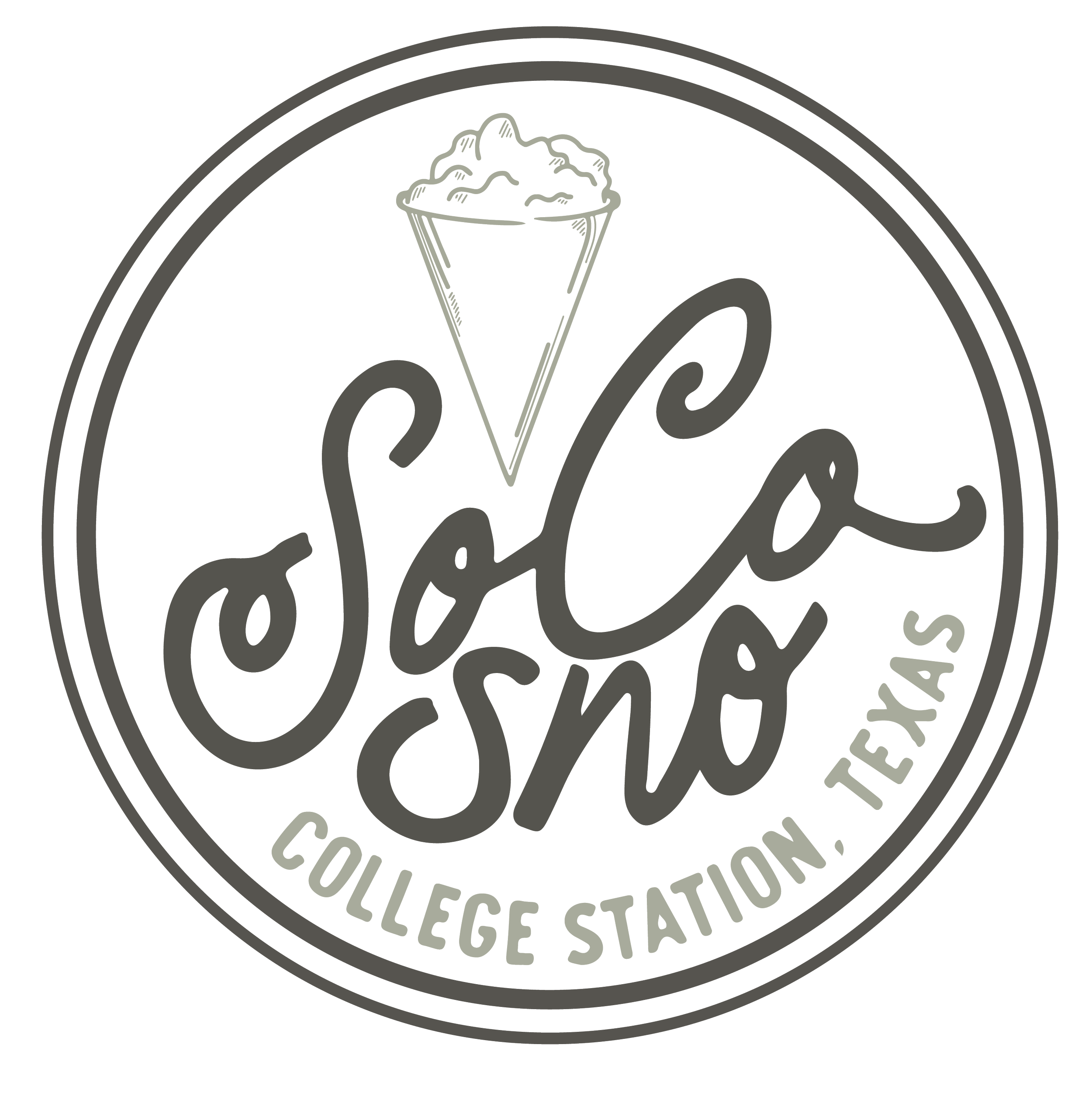 Logo with the words "Soda Sin" and "College Station, Texas," featuring a stylized ice cream cone on top of the text.