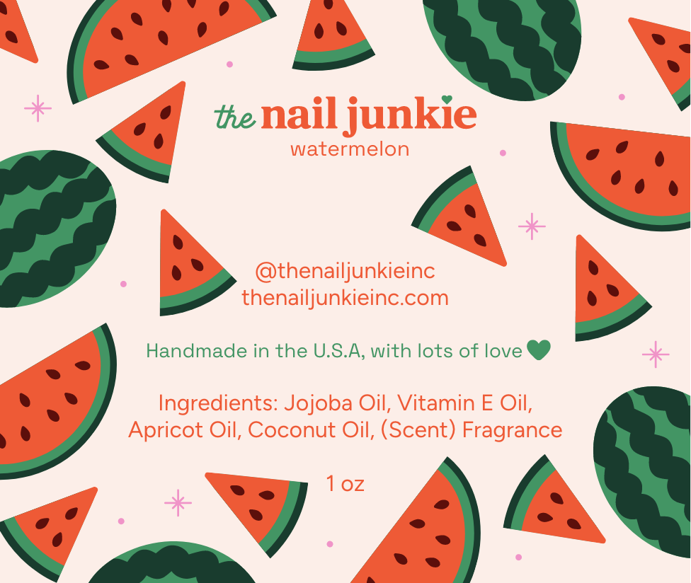 Business label with illustrations of watermelon slices and whole watermelons with text about a watermelon-scented nail polish, including brand name, social media handle, ingredients, and a note about being handmade in the U.S.