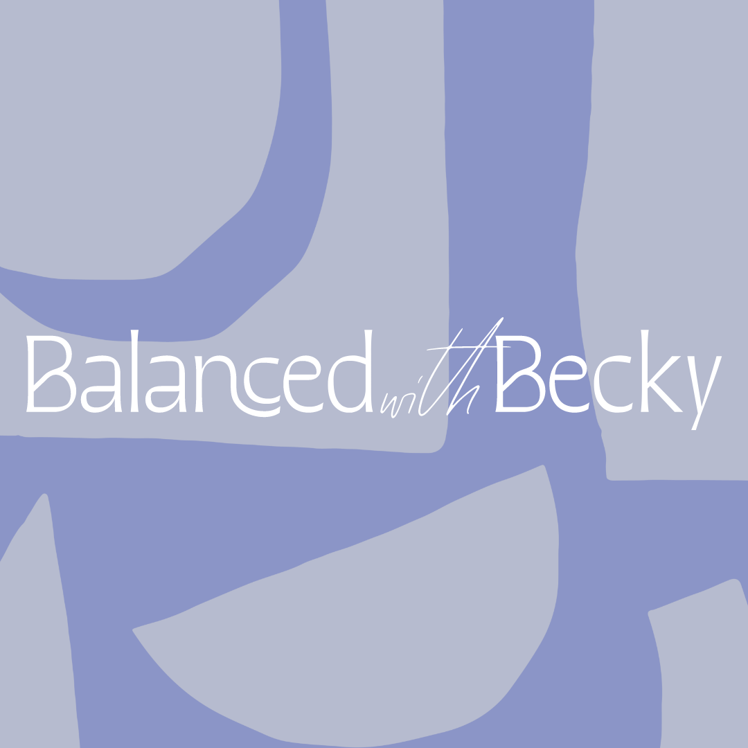 Abstract blue and gray geometric background with the text 'Balanced with Becky'