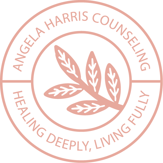 A circular logo with the text 'Angela Harris Counseling' at the top and 'Healing Deeply, Living Fully' at the bottom, surrounding a drawing of a leaf.