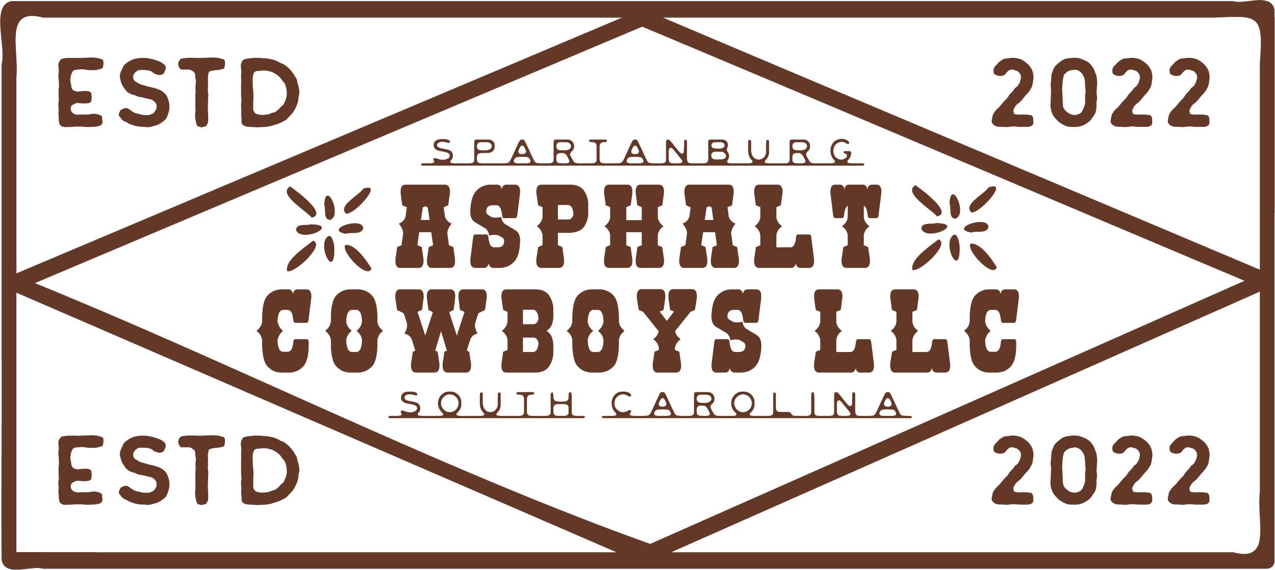 Logo for Spartanburg Asphalt Cowbows LLC in South Carolina, established in 2022, with a brown border and decorative elements.