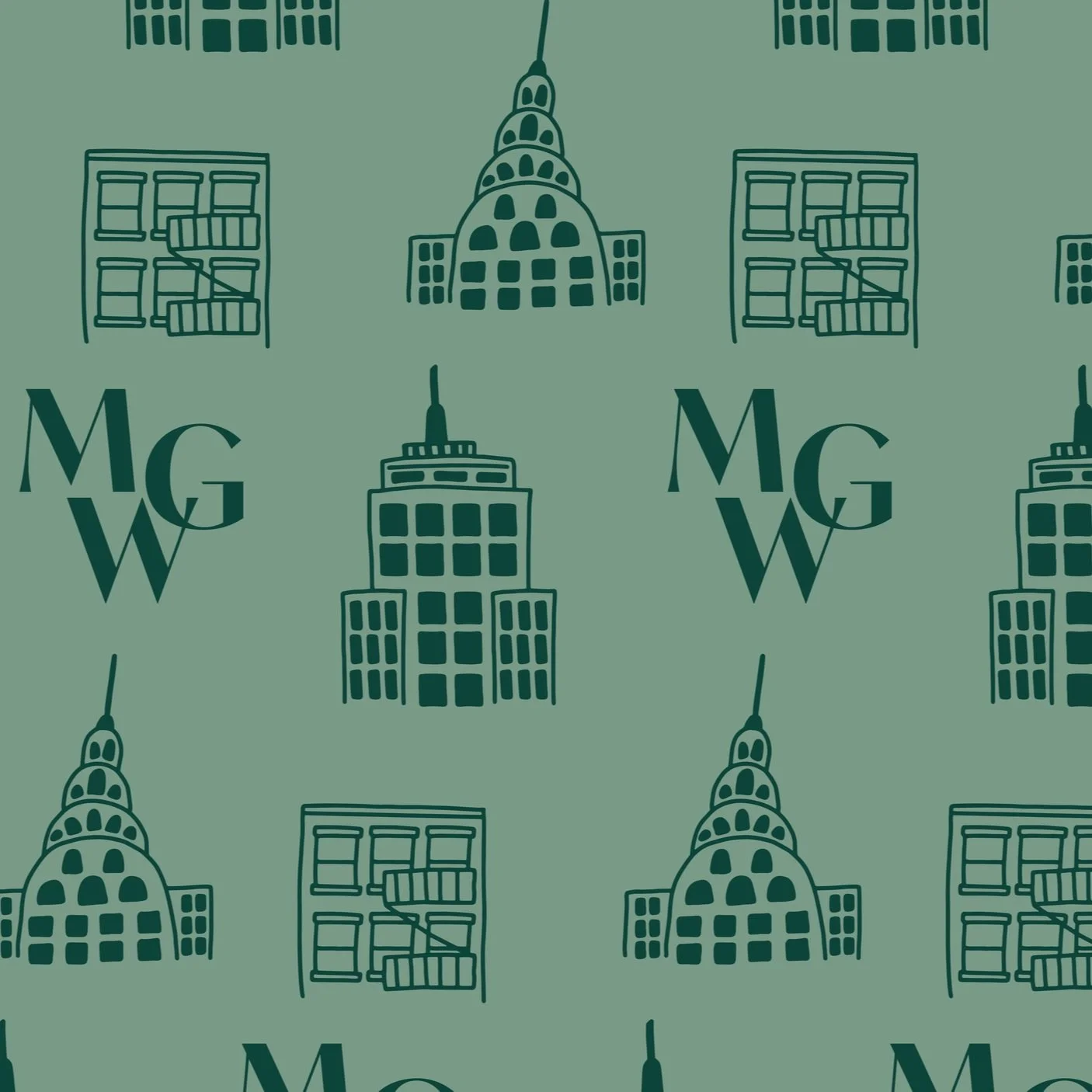 A repeating pattern featuring illustrations of buildings, including the Empire State Building, and the letters MCW on a green background.