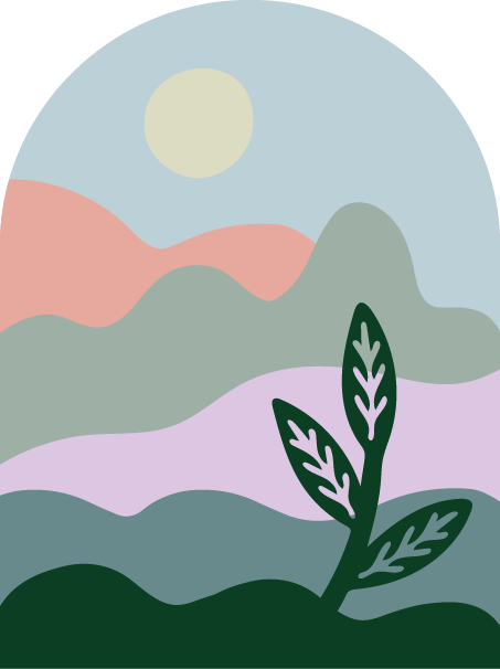 Abstract landscape with mountains, a large sun, and a prominent leafy plant in the foreground.