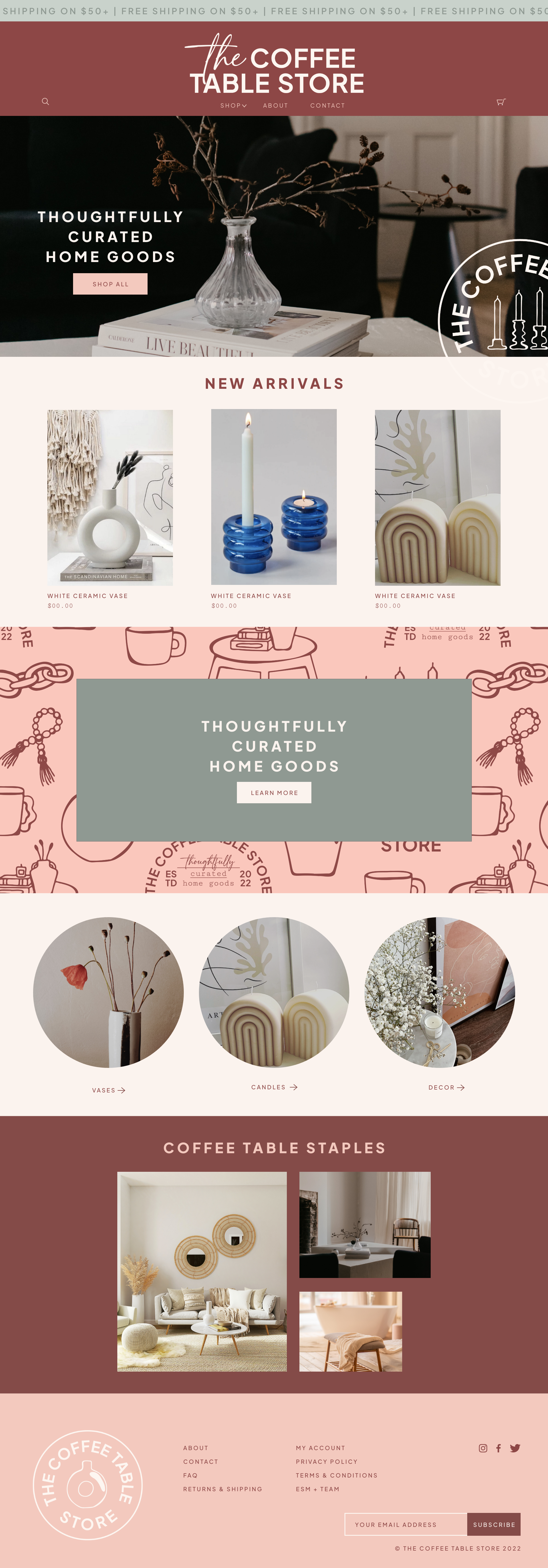 Homepage of The Coffee Table Store featuring home decor and ceramic vases, with navigation options for shop, about, and contact, and sections highlighting new arrivals, home goods, decor, and coffee table staples.