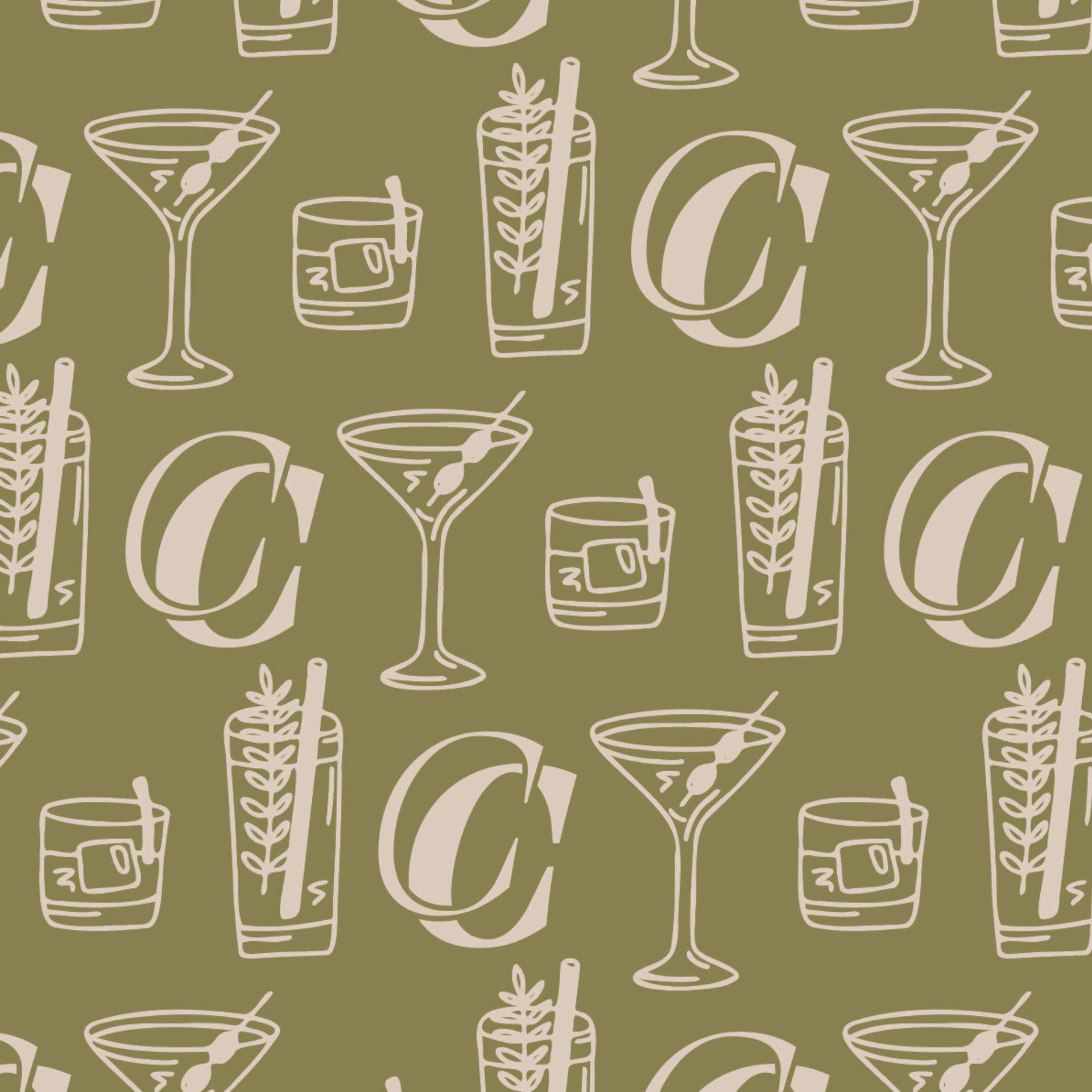 Seamless pattern with hand-drawn illustrations of cocktails, each with a straw or garnish, and a large stylized letter C, all in beige on an olive green background.