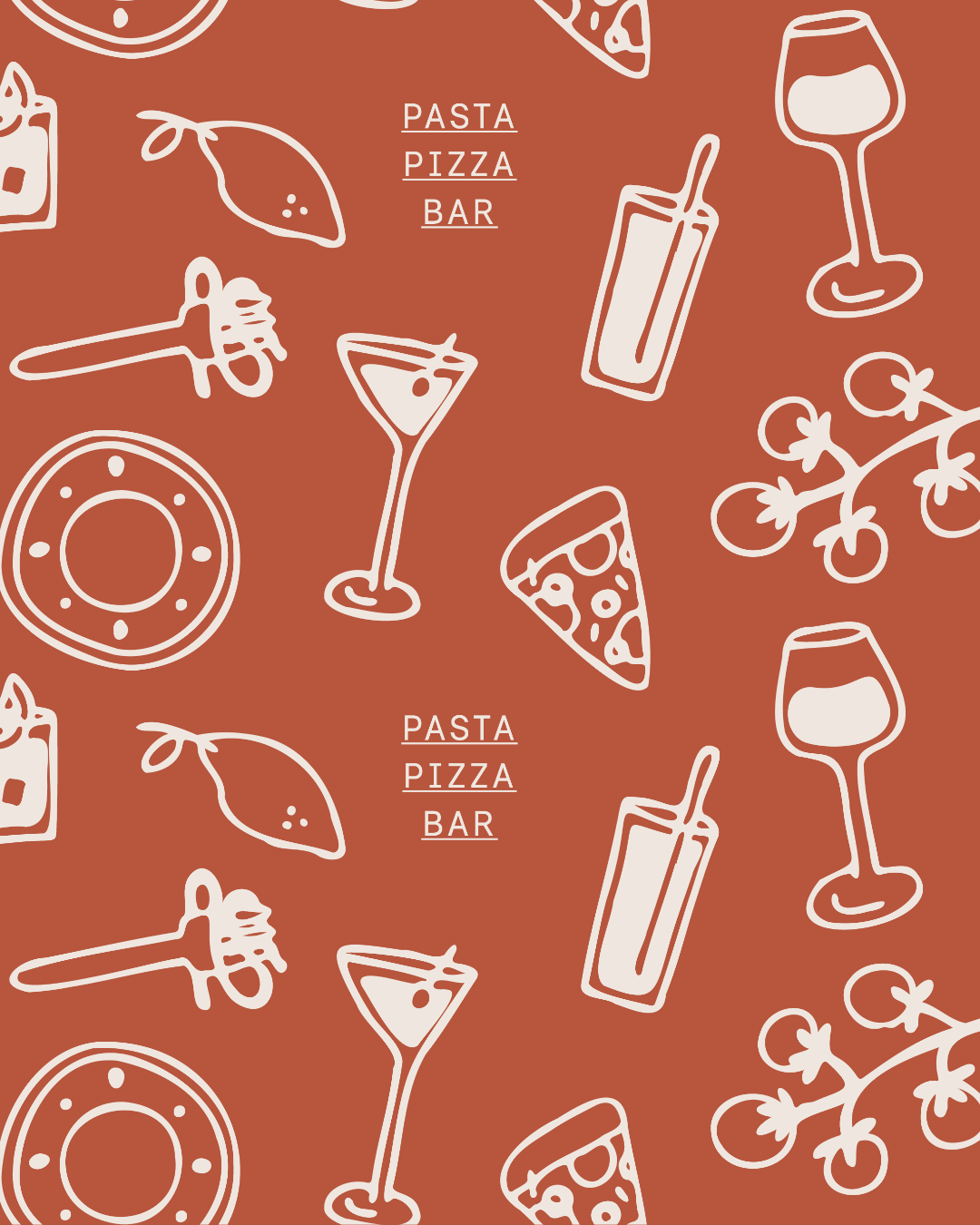 Pattern with white line art drawings of wine glasses, pizza slices, pasta, a lemon, a pizza dish, a cocktail, a soft drink, and cherry tomatoes on a brown background, with the text 'PASTA PIZZA BAR' in the center.