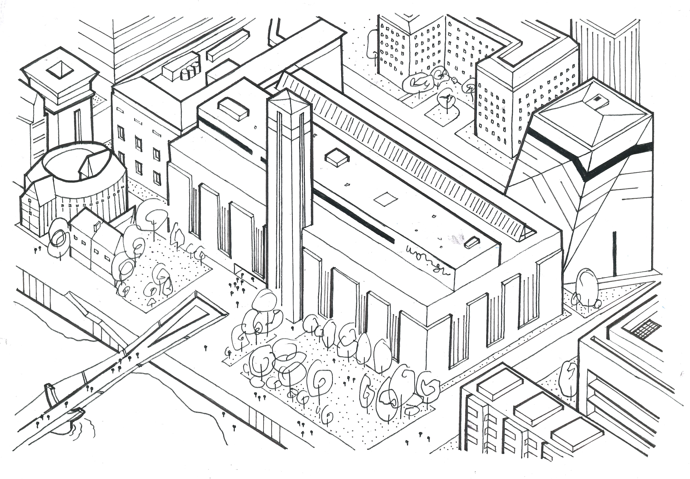 Line drawing of an urban cityscape with tall buildings, trees, and a park with pathways, viewed from an elevated perspective.