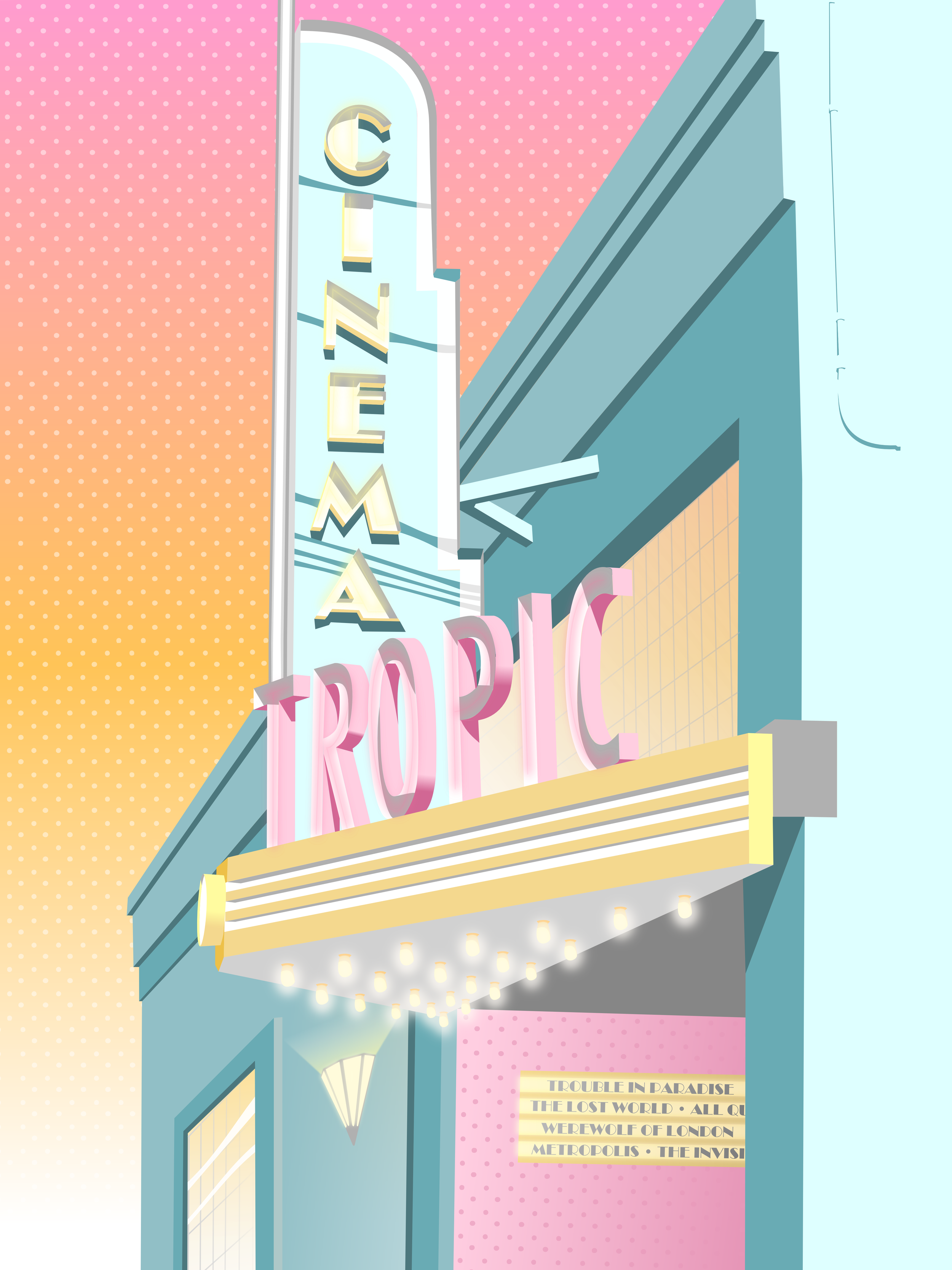 An illustrated view of a colorful theater marquee with pink and blue colors, featuring the words "CINEMA TROPIC" in large letters. The background shows a pink and yellow dotted gradient sky.