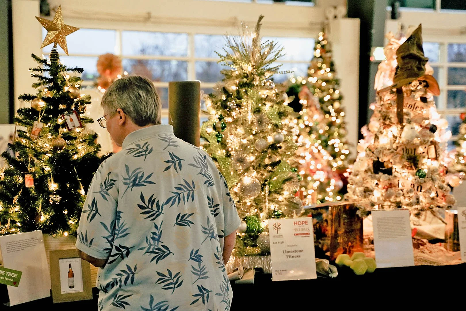 A person with gray hair, seen from behind, shopping for Christmas decorations in a store, with decorated Christmas trees and colorful ornaments in the background.