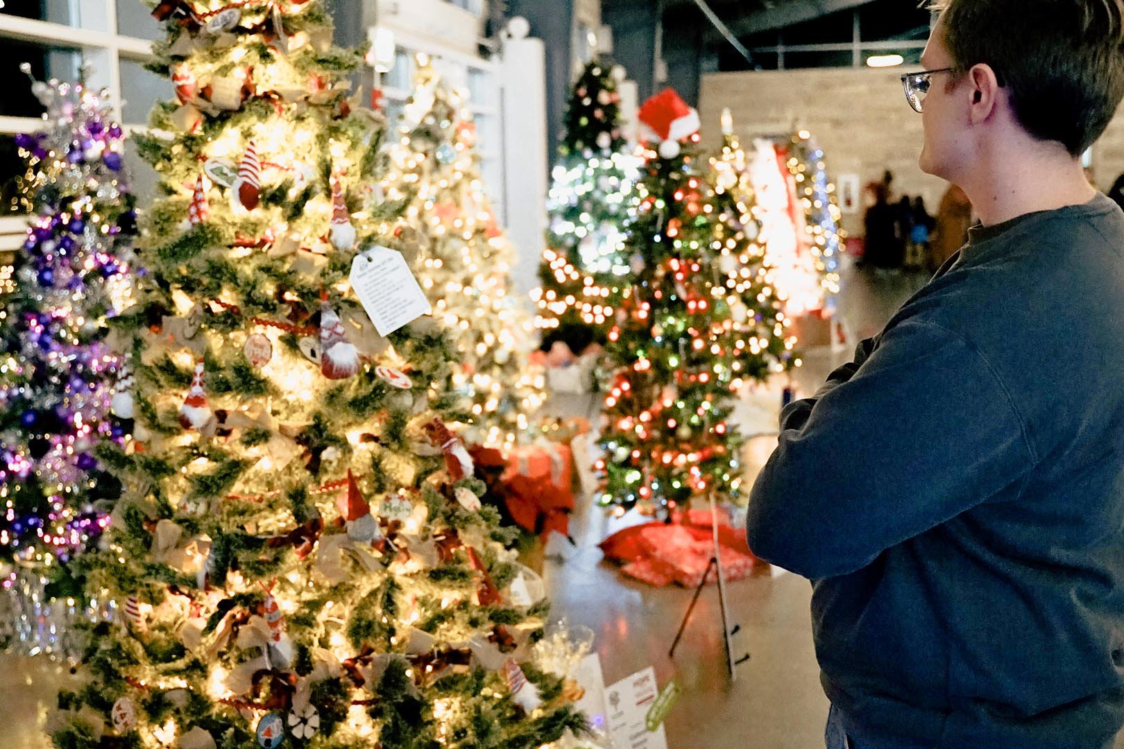 A man looking at decorated Christmas trees in a store, with Christmas lights and ornaments in the background.