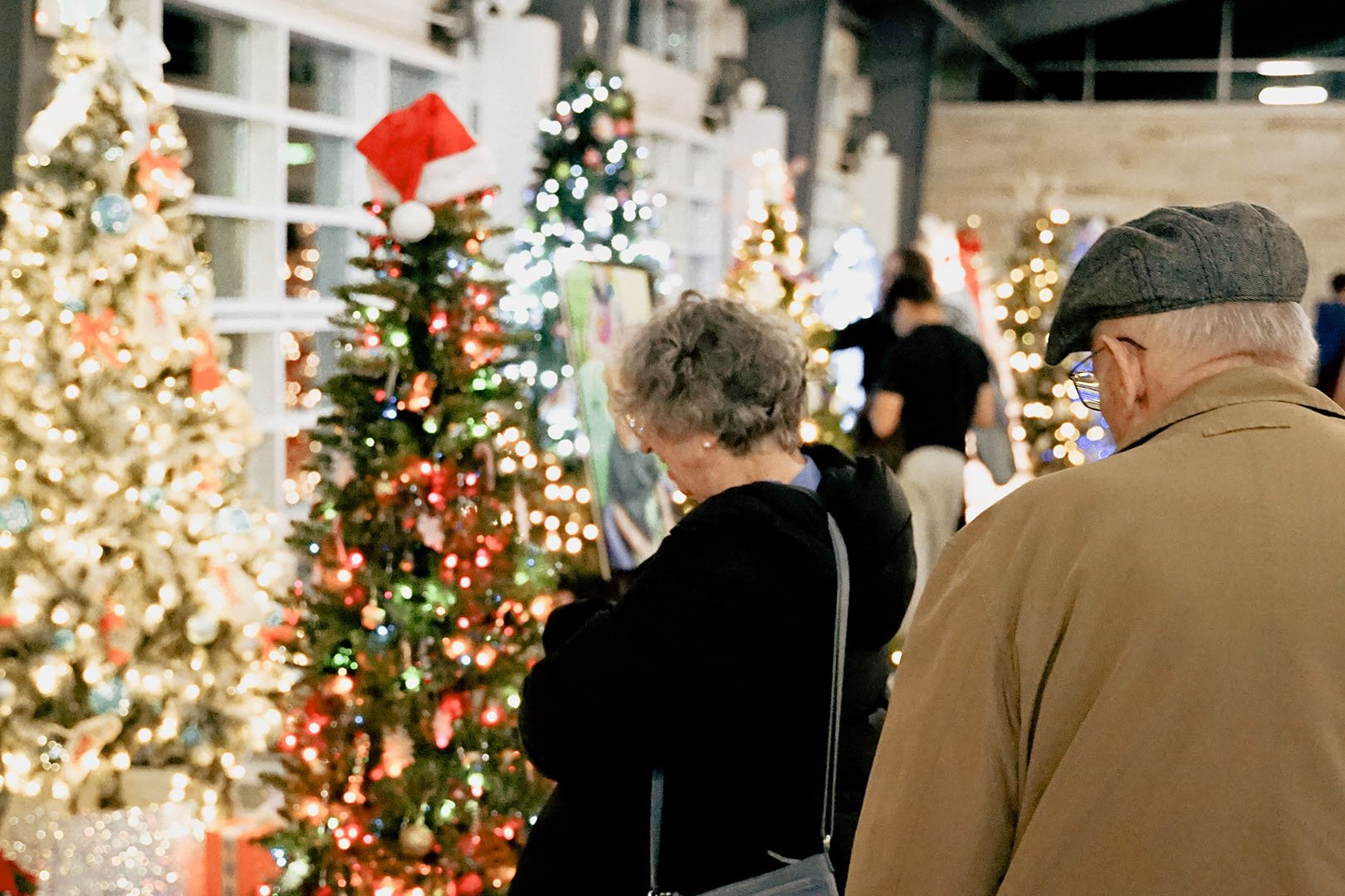 Two elderly people, a woman and a man, standing in front of decorated Christmas trees at an indoor holiday display, with other visitors in the background.