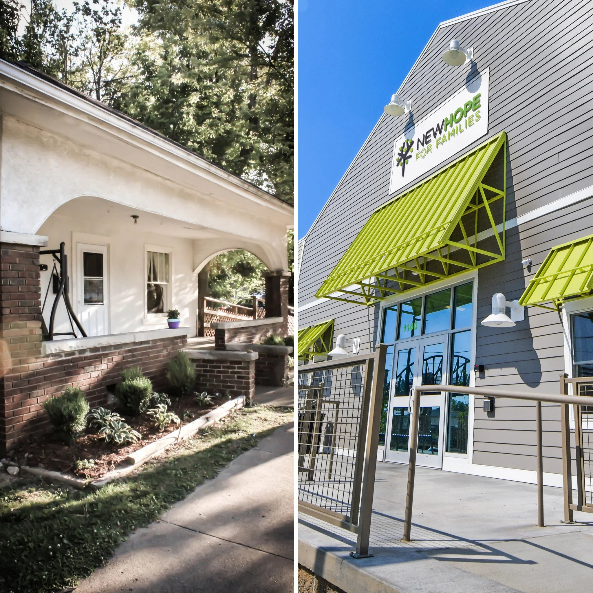 From past to present: the original location of New Hope Family Shelter at 409 E. 2nd Street in 2011 (left) and the current home of New Hope for Families at 1140 S. Morton Street today (right)