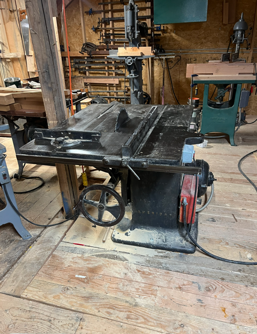 American/Clement No. 1 Variety saw, 1908. Previously belonged to a sash window maker in Albany, OR and a Seattle patternmaker. Originally a lineshaft machine.