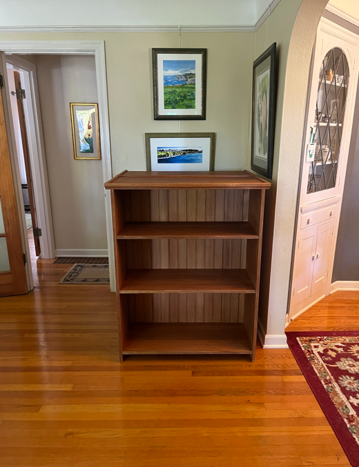 Set of 2 matching fir bookcases with antique finish for a Tudor revival home in the Bush Park neighborhood of Salem.