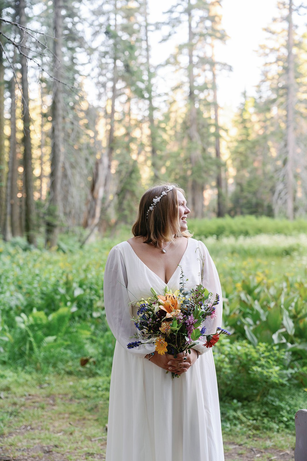 Bride at her intimate elopement in Seqouia
