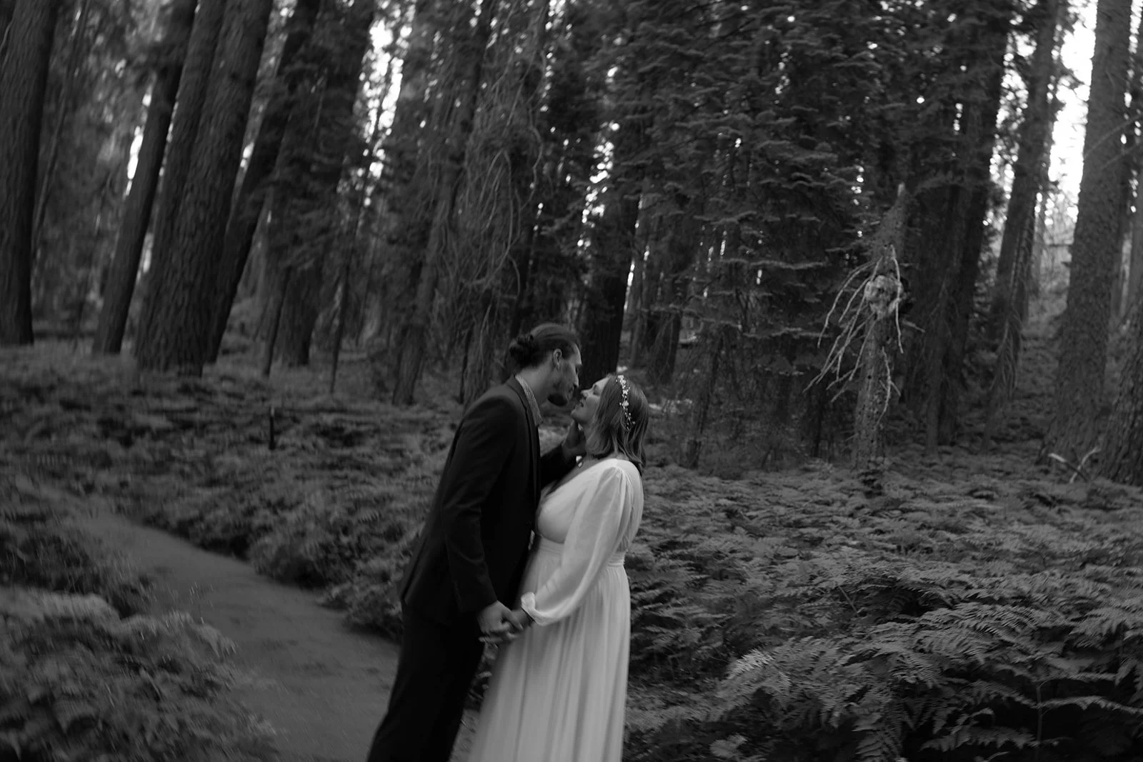 Black and white photo of couple at their intimate elopement in Sequoia