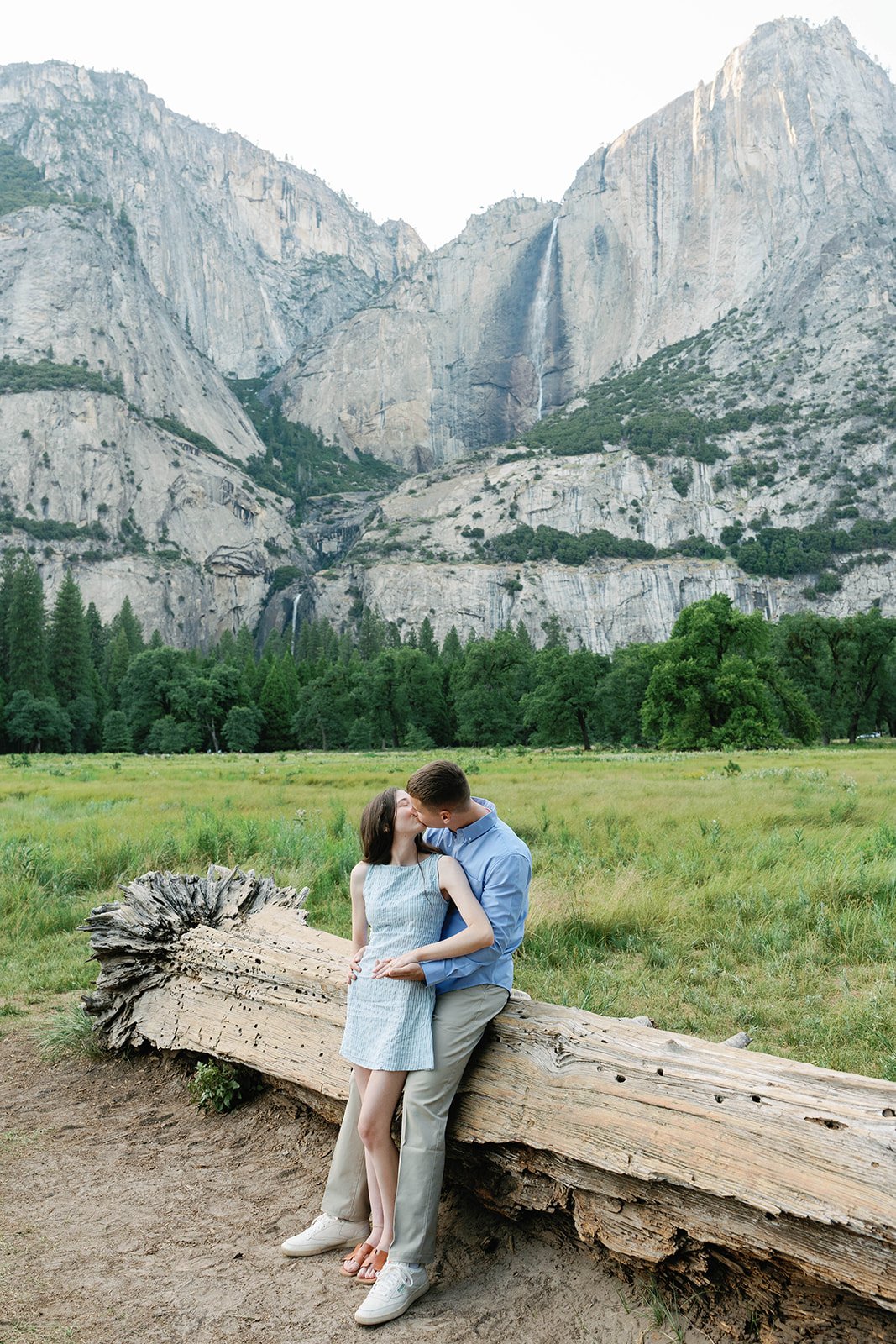 Couple kisses during Yosemite engagement session