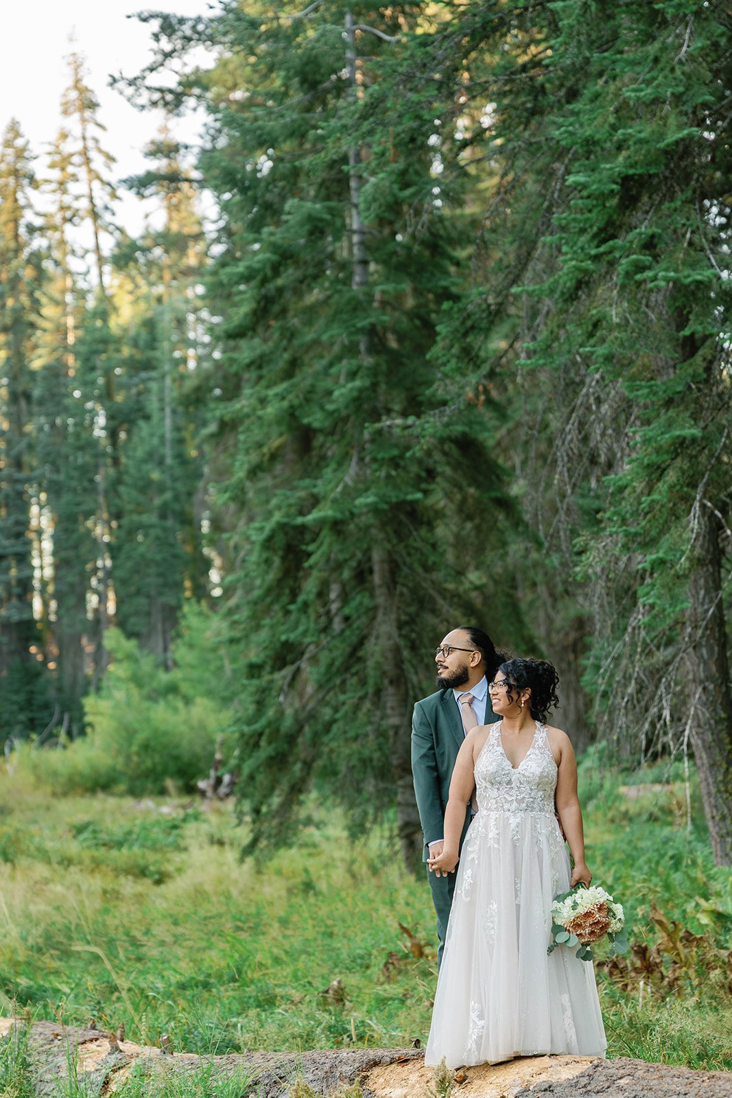 Couple stands on a log at their intimate Sequoia elopement