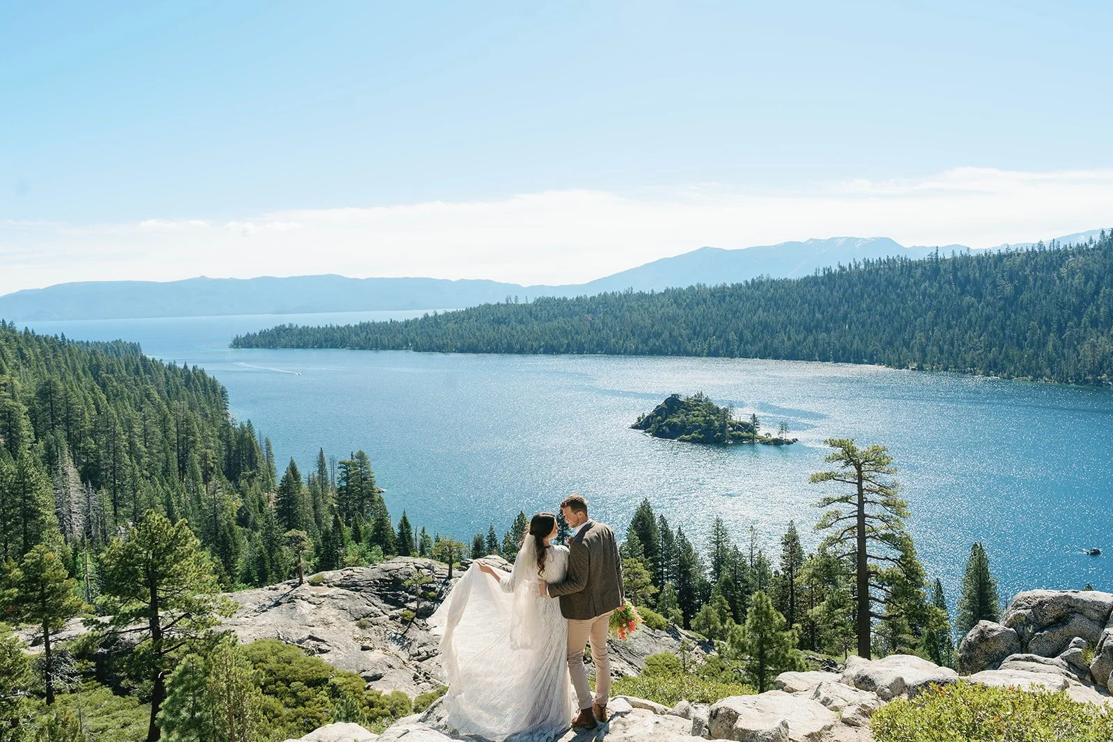 Couple takes in the view at their Emerald Bay elopement