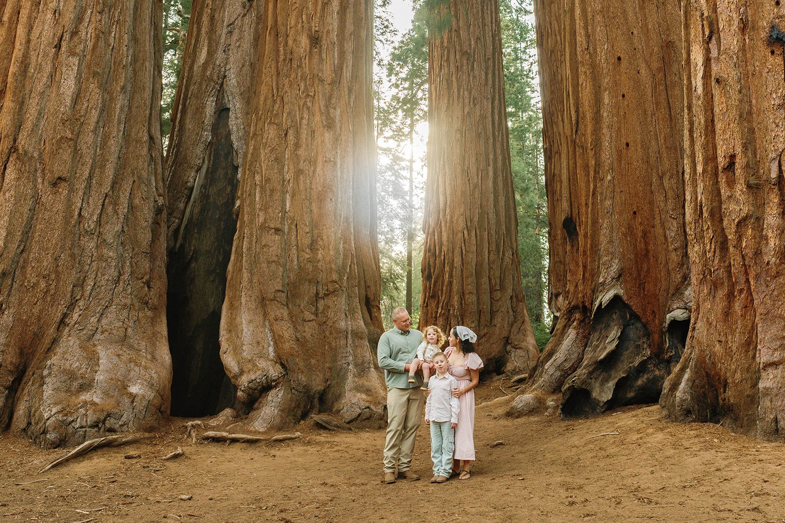 Couple with two young children pose for Sequoia Park photos with family