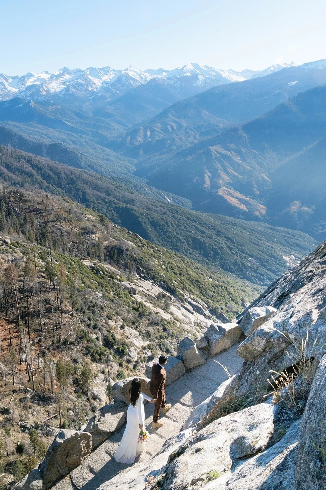 Bride and groom on a hike during their Sequoia elopement