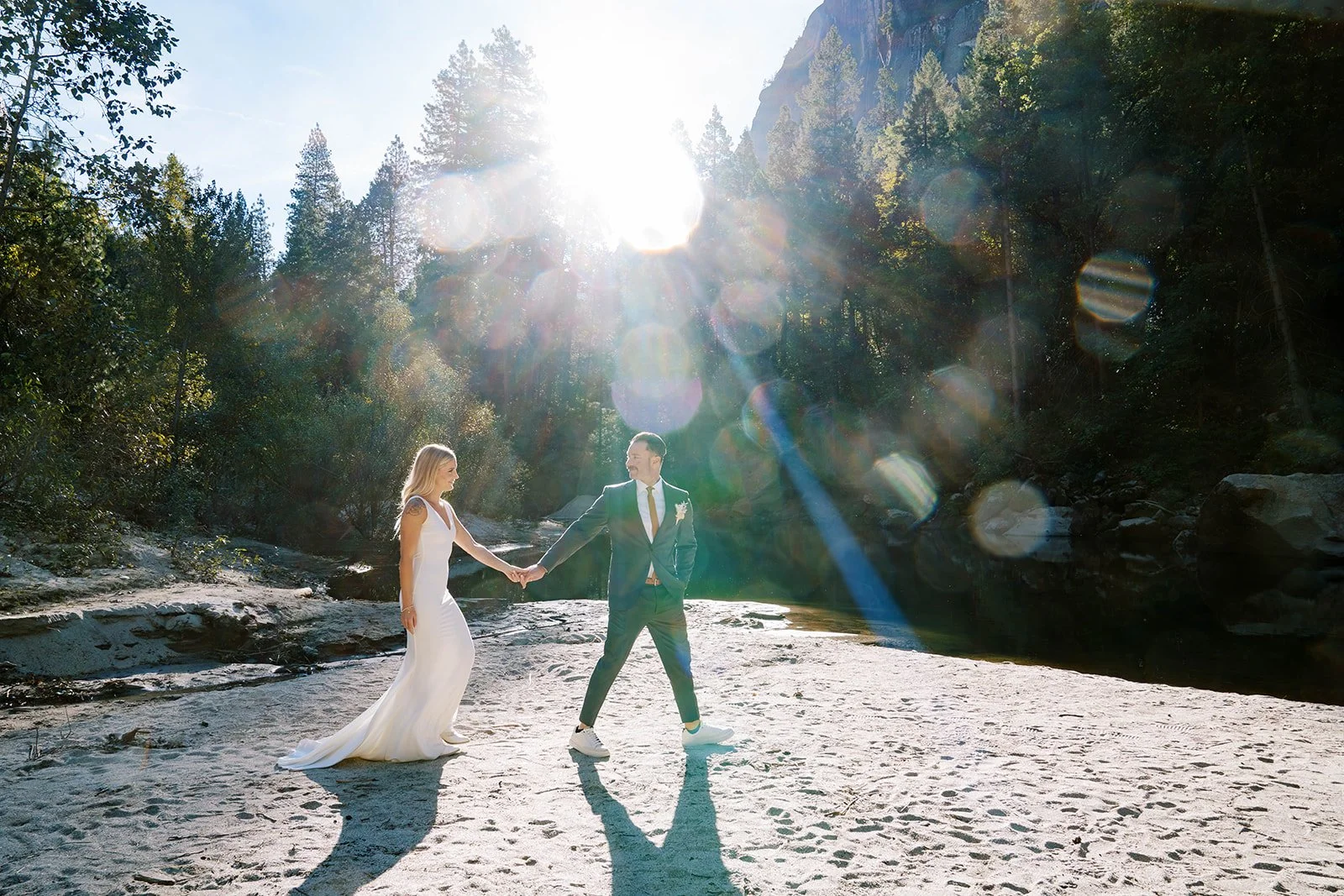 bride and groom at Yosemite Cascades Picnic Area elopement ceremony in Yosemite National Park