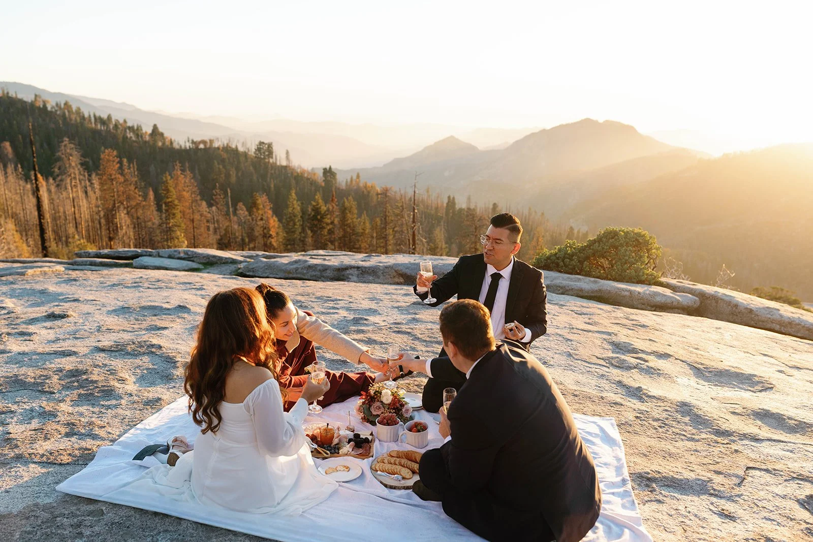 Group enjoys picnic at fall Sequoia elopement day