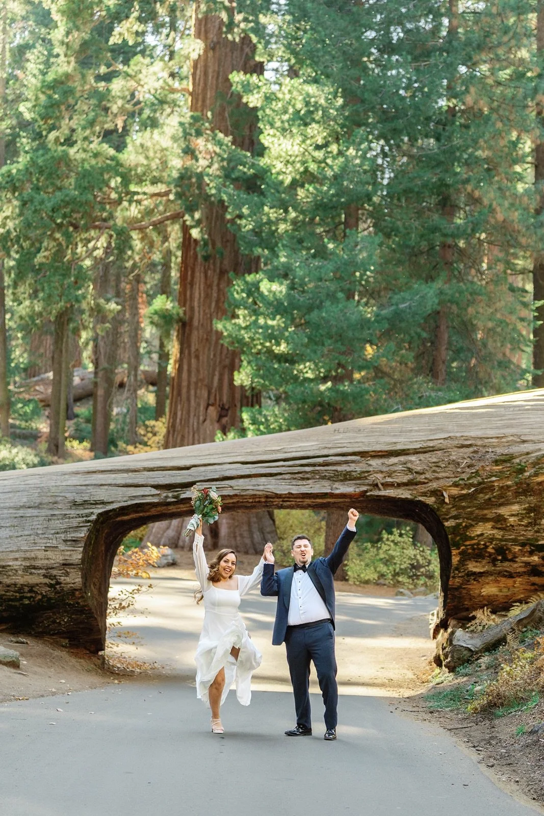 Sequoia National Park elopement couple at Tunnel Log smiling and excited  Happy eloping couple at Tunnel Log