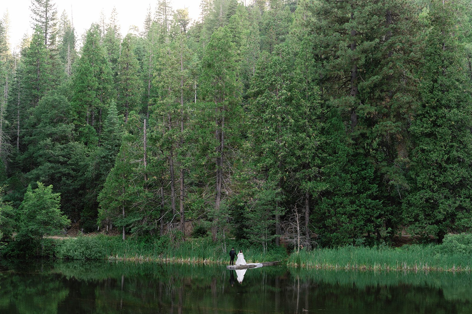 Couple standing on a small dock in a pond in Yosemite National Park