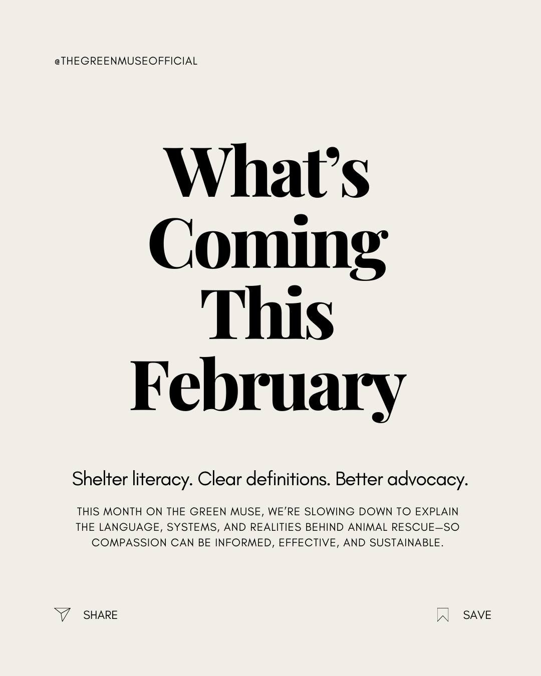 𝐖𝐡𝐚𝐭&rsquo;𝐬 𝐜𝐨𝐦𝐢𝐧𝐠 𝐭𝐡𝐢𝐬 𝐅𝐞𝐛𝐫𝐮𝐚𝐫𝐲 𝐨𝐧 𝐓𝐡𝐞 𝐆𝐫𝐞𝐞𝐧 𝐌𝐮𝐬𝐞 🐾

Animal rescue content moves fast, but understanding should come first.

This month, we're sharing a new Shelter Literacy series to explain the language, syst