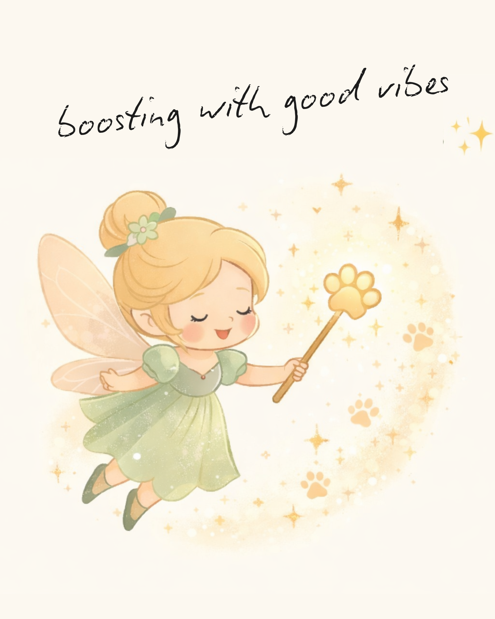 A cute fairy with blonde hair in a bun, wearing a green dress and fairy wings, holding a magic wand shaped like a paw print, surrounded by sparkles and paw prints, with the text 'boosting with good vibes' at the top.