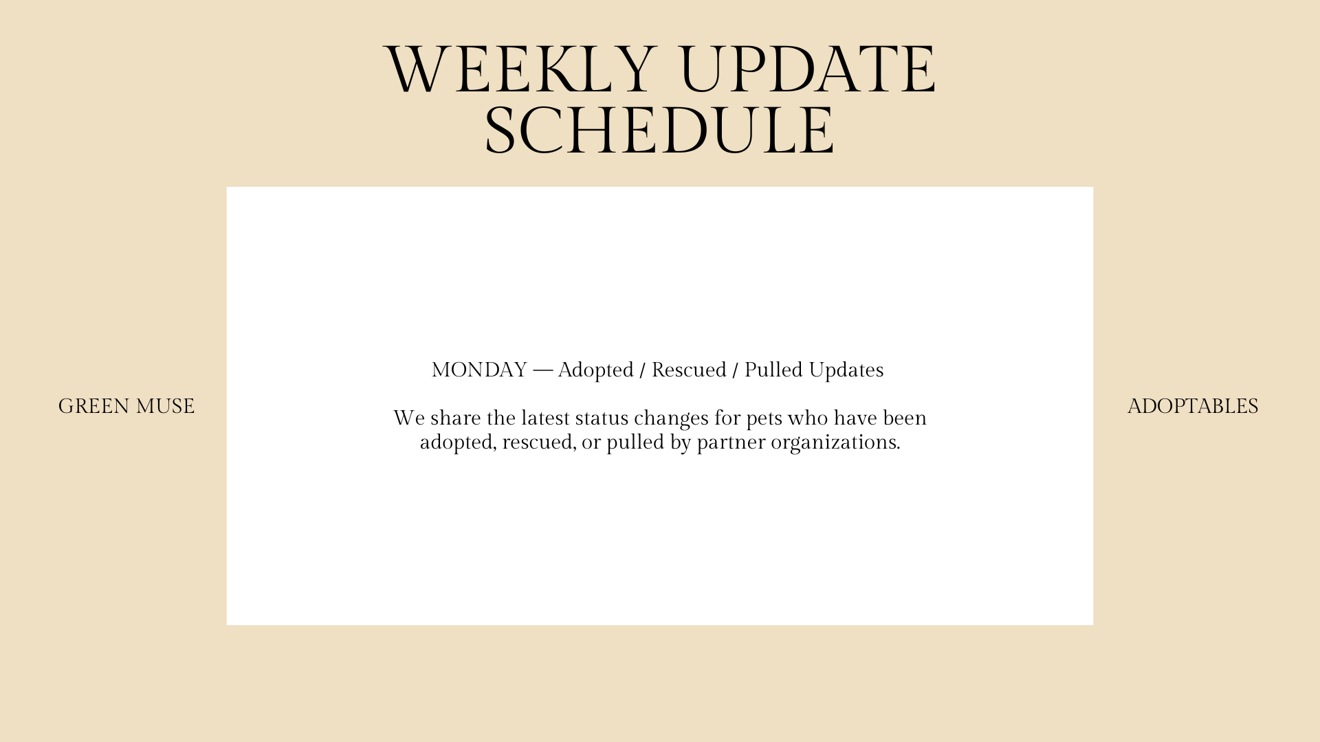 Weekly update schedule for pet adoption status updates with sections labeled Green Muse on the left and Adoptables on the right, and a central text box explaining the updates provided for adopted, rescued, or pulled pets.