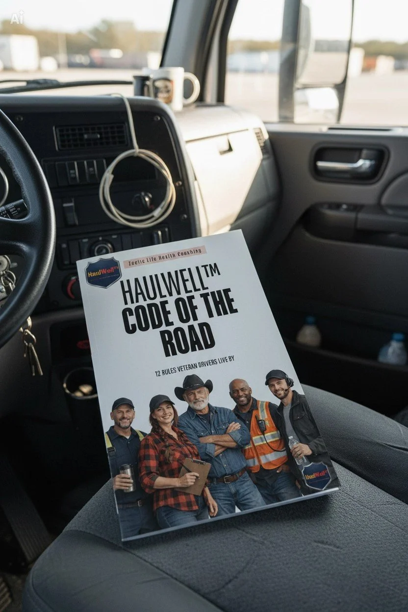 The HaulWell™ Code of the Road booklet shares practical wisdom from experienced drivers to help new and seasoned truck drivers navigate fatigue, stress, hydration, focus, and the realities of life on the road.