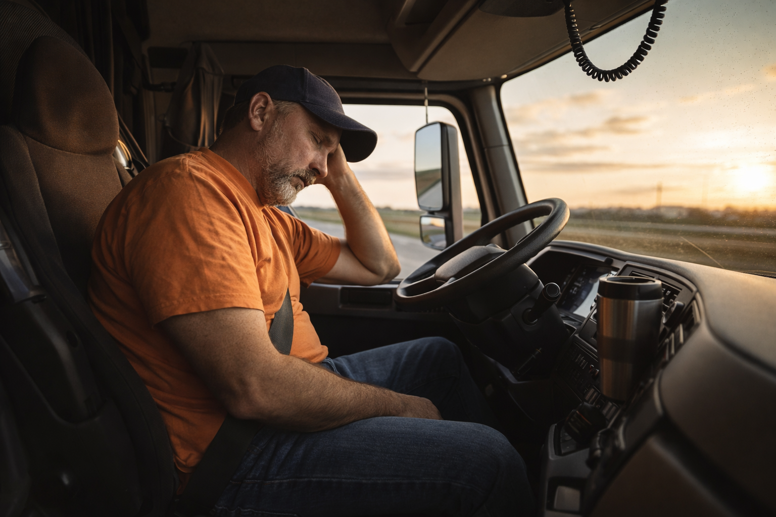 Truck driver experiencing fatigue and reduced alertness during long driving conditions