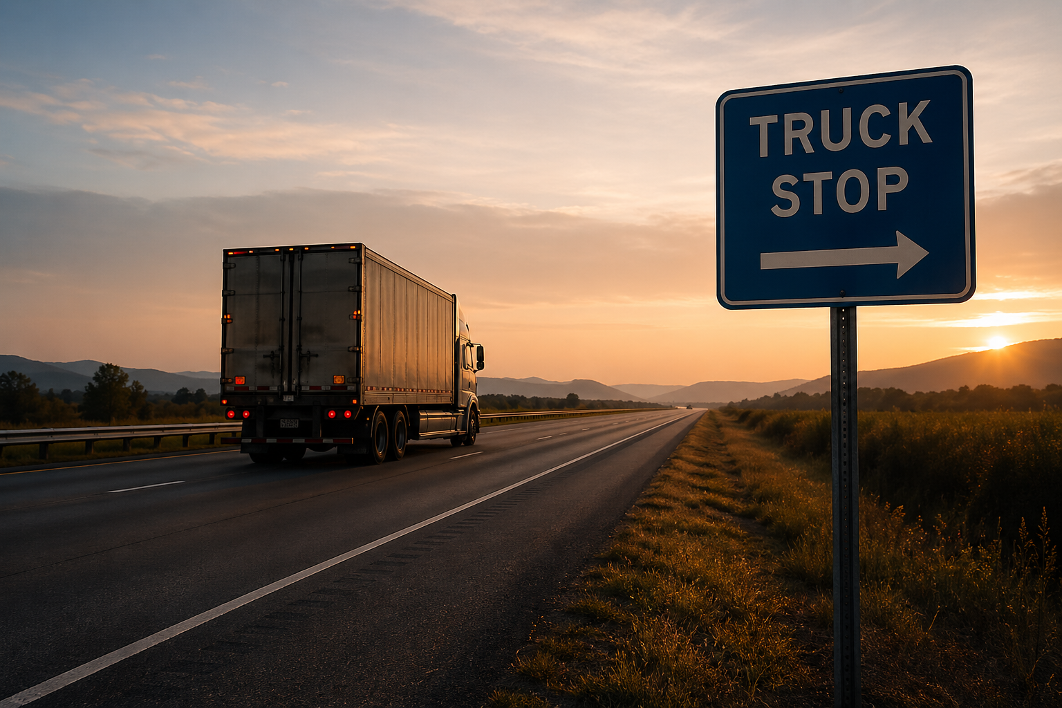 Truck driver passing a truck stop while continuing on the road, representing delayed self-care