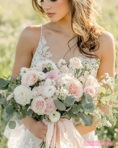 Bouquet of pink and white roses with greenery.
