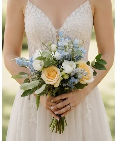 A bride in a white lace dress holding a bouquet with yellow roses, white flowers, blue flowers, and green foliage.