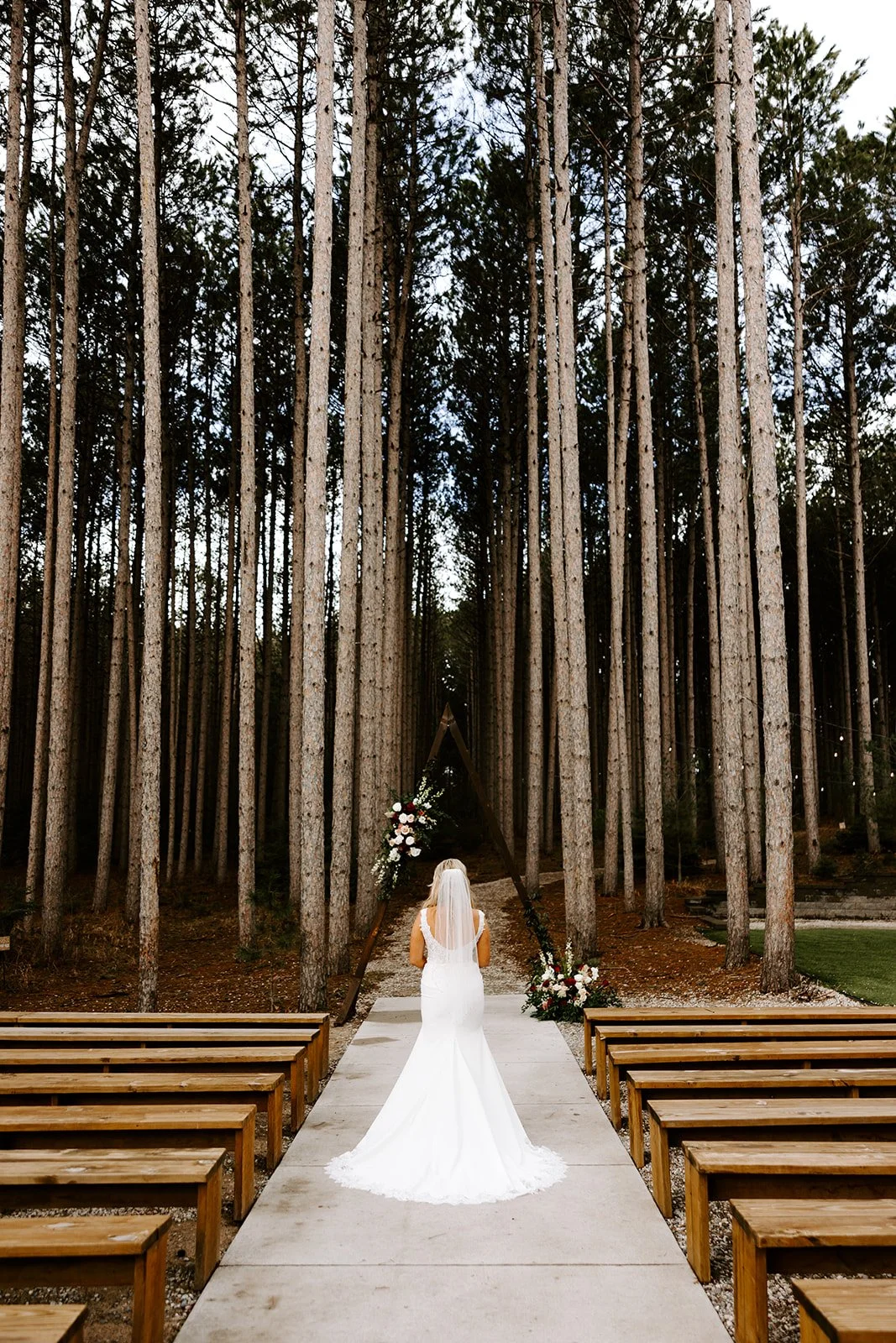 A bride in a white wedding dress and veil stands outdoors on a concrete aisle, facing a wooden wedding arch decorated with white and dark red flowers and greenery, located among tall pine trees.