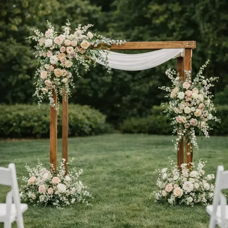 Wood wedding arch decorated with white and blush pink flowers and white fabric, set outdoors on grass.
