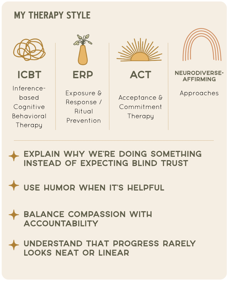 My Therapy Style | ICBT, ERP, ACT, Neurodivergent Affirming | Graphic of therapy styles